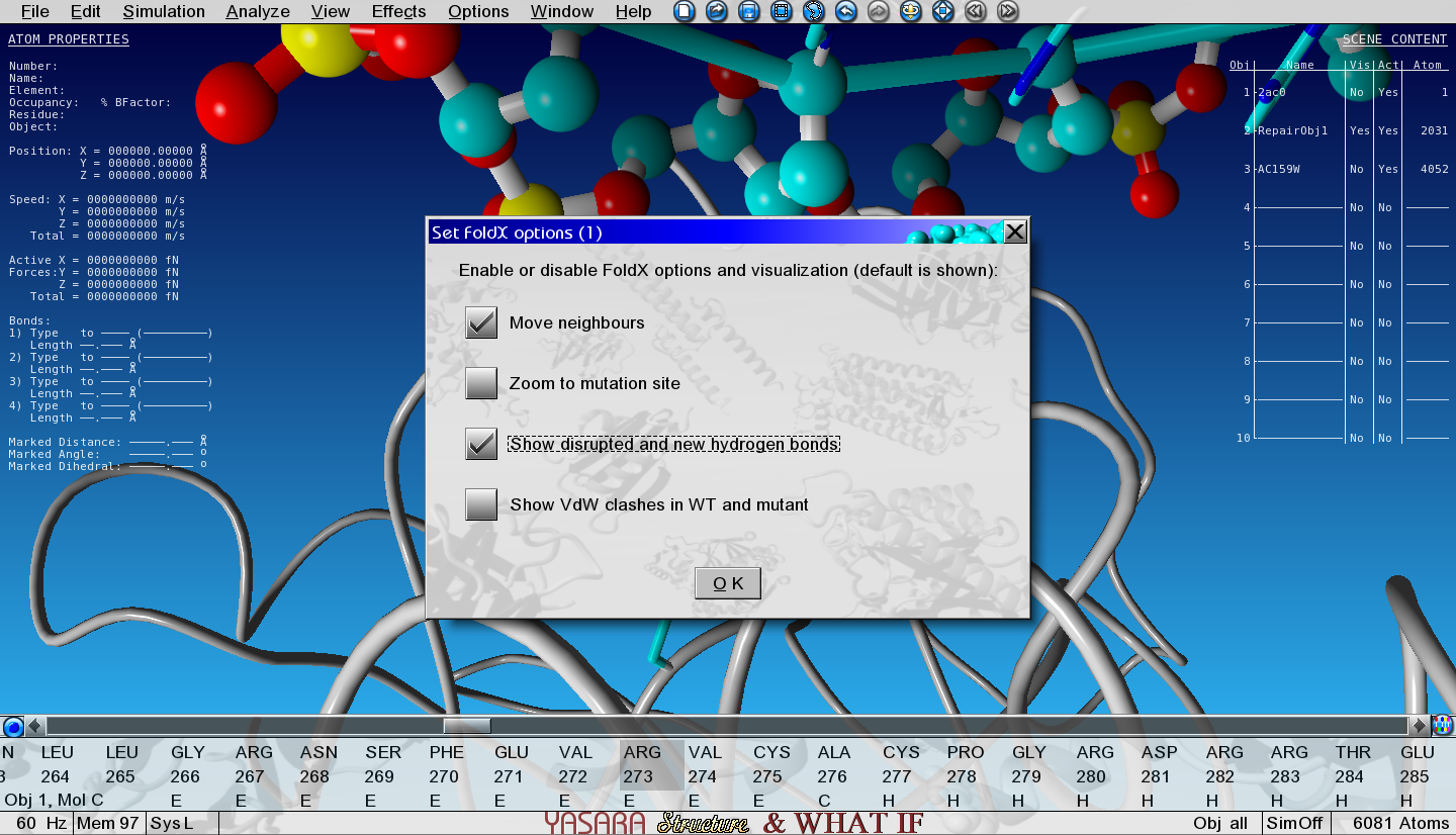 View of the first options menu with 'Show new and disrupted hydrogen bondsxi' selected. -80width